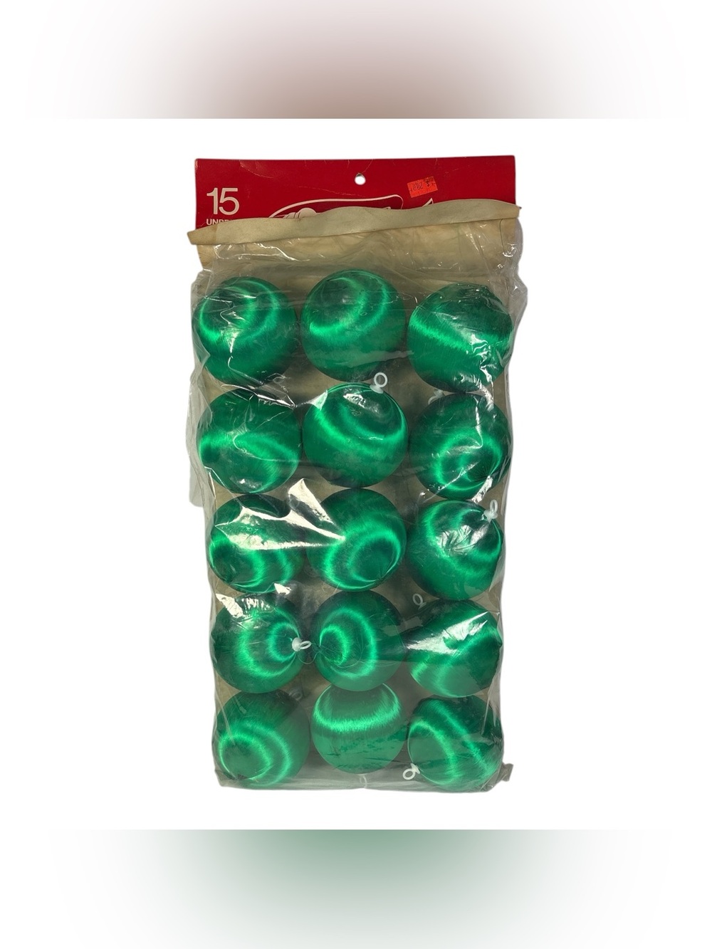 15 Vtg Liberty Bell Green Satin Sheen Silk Christmas Ball Ornaments Unbreakable